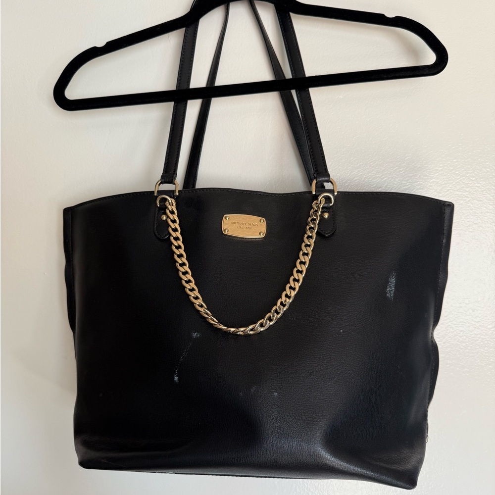 Michael Kora Black Leather Tote Bag with Gold Chain